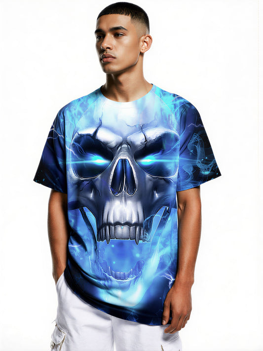 3D All Over Print Skull T-Shirt with Blue Lightning Effect for Men Women edgy streetwear