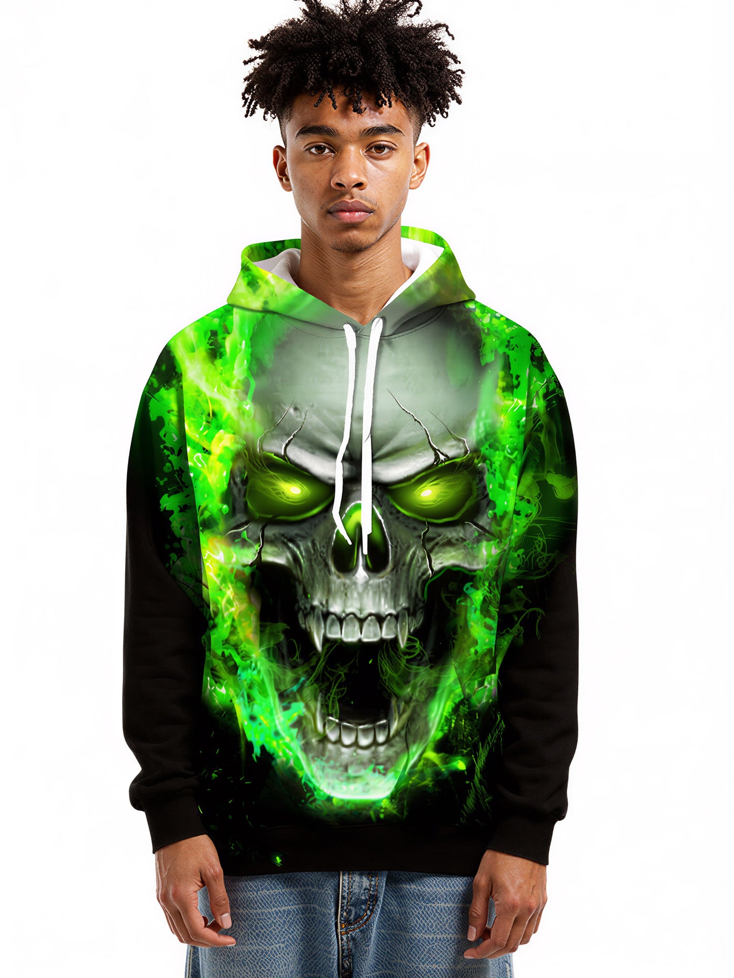 Men Women 3D All Over Print Skull Green Flame Hoodie Pullover Sweatshirt
