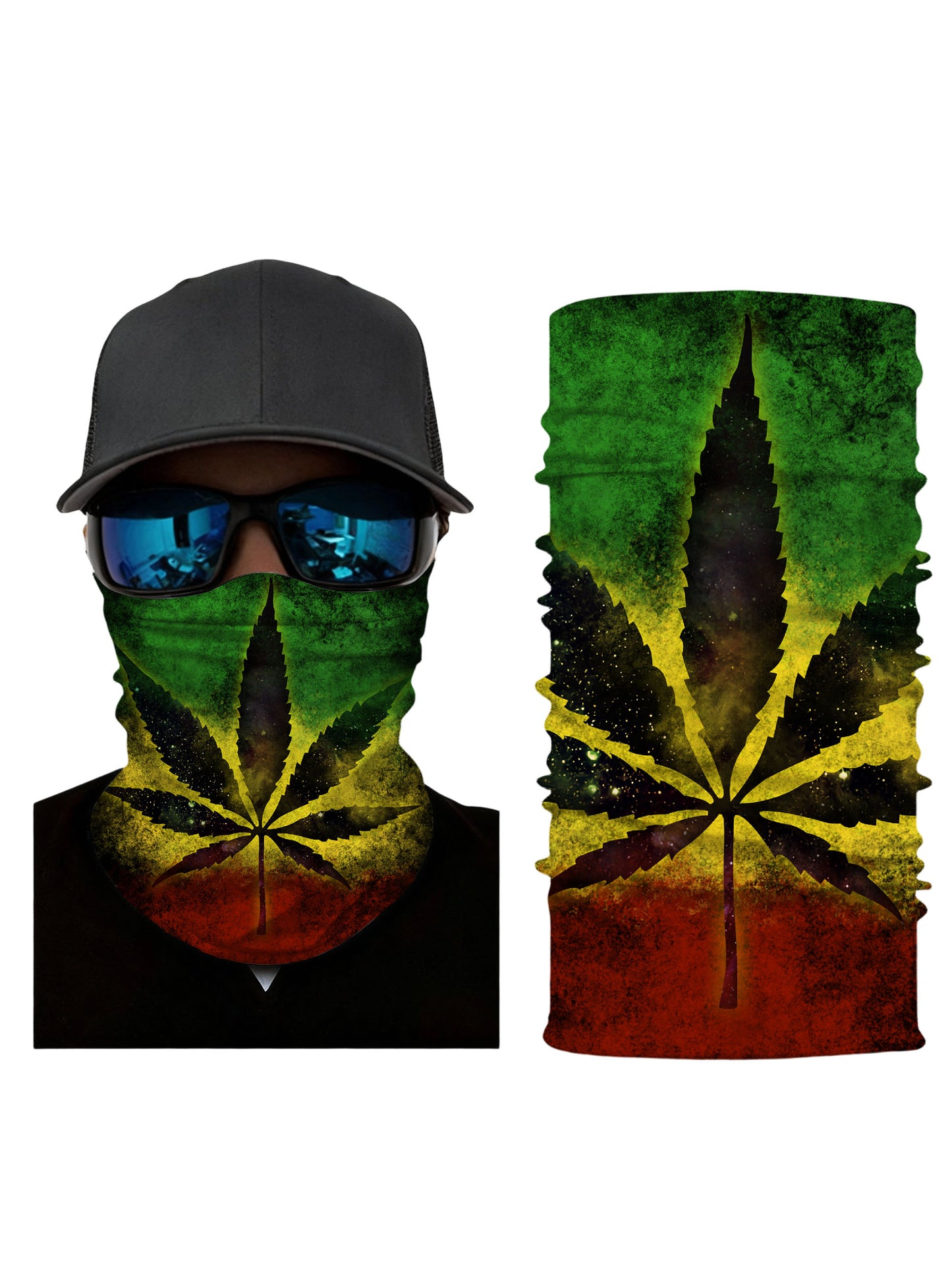 Neck Gaiter 3D all over print galaxy cannabis leaf in Rasta colors, Streetwear unisex breathable fabric for outdoor use