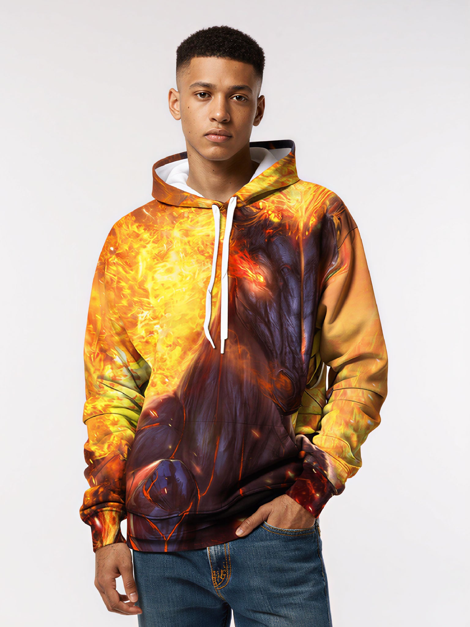 Unisex 3D All Over Print Hoodie Fire Horse Design Streetwear Cotton Blend Soft Comfortable