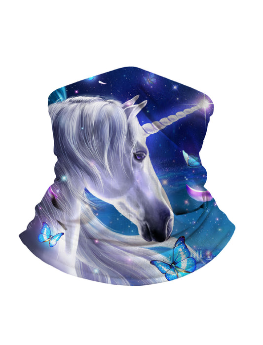 Neck Gaiter with 3D all over print featuring mystical unicorn and glowing blue butterflies, galaxy nebula backdrop, Aesthetic style, unisex, soft stretchy, UV protection