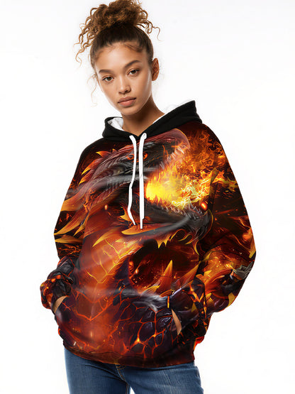Trendy Flame Dragon Graphic Hoodie Unisex Oversized Casual Pullover Streetwear