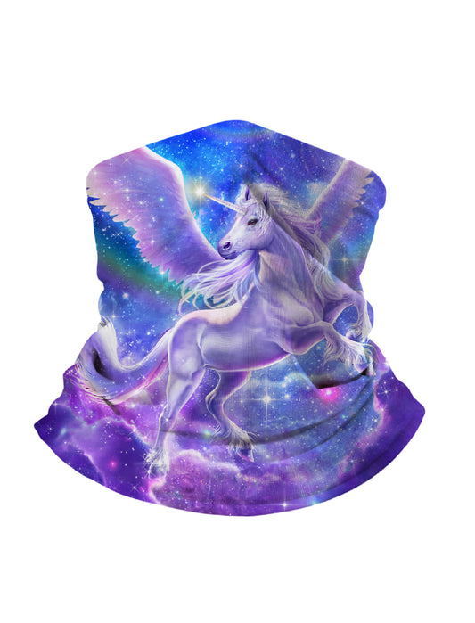Neck Gaiter with 3D all over print featuring majestic winged unicorn in galaxy nebula, Aesthetic style, unisex, soft stretchy, UV protection