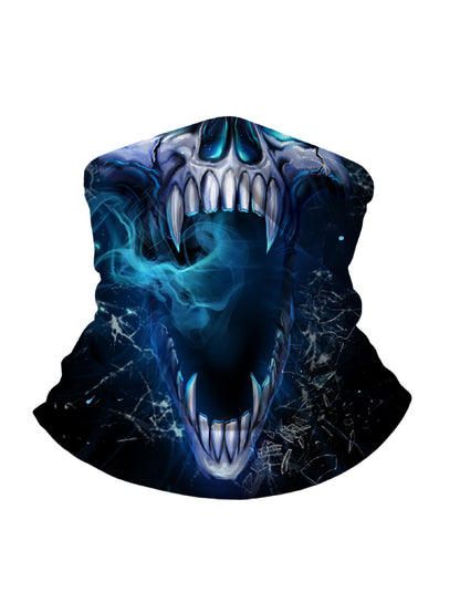 Menacing Fanged Skull Blue Smoke 3D Print Neck Gaiter – Unisex Gothic Aesthetic Face Mask