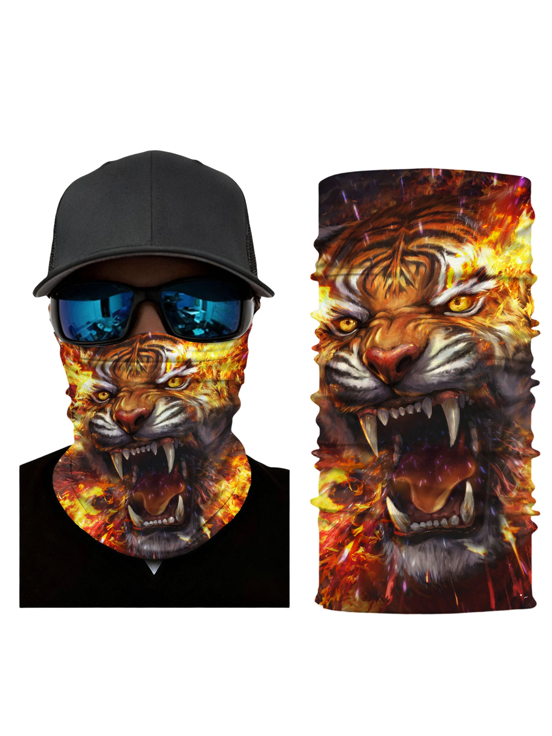 Tube Face Mask with 3D All Over Print Fiery Tiger Head Streetwear Unisex Breathable Soft Stretchy UV Protection
