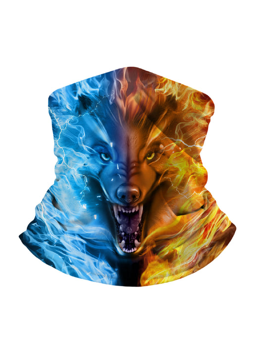 Unisex 3D Cosmic Wolf Neck Gaiter – Electric Blue & Fire Orange Streetwear Mask
