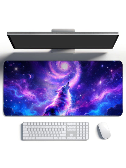 Howling Cosmic Wolf With Spiral Galaxy & Planets Desk Mat