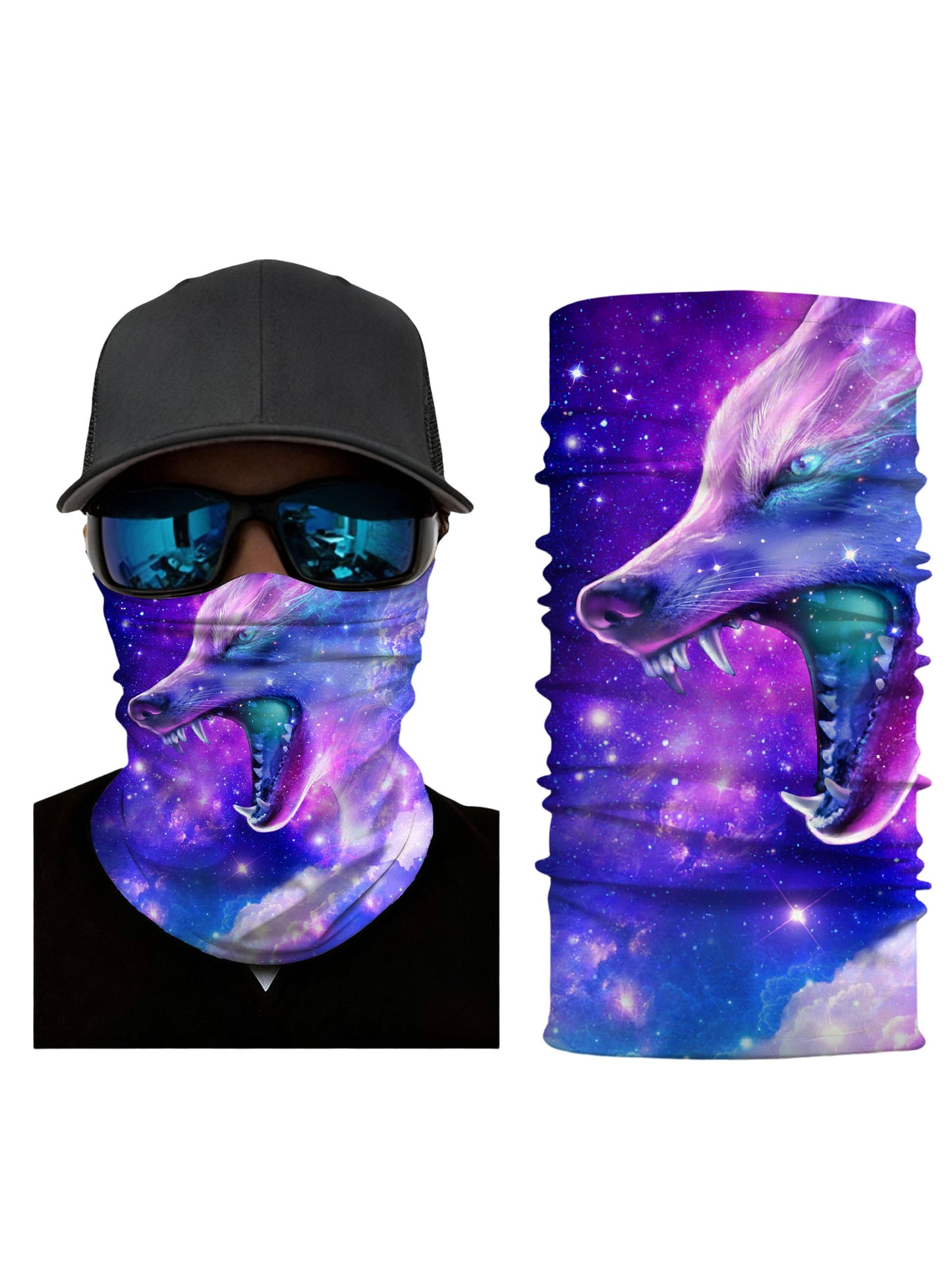 Tube Face Mask with 3D all over print featuring cosmic wolf head in galaxy nebula, Aesthetic style, unisex breathable fabric for outdoor sports and daily wear