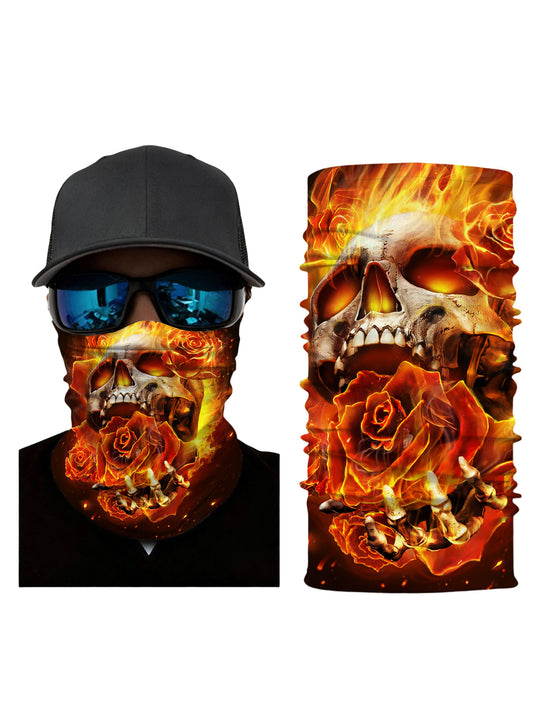 Tube Face Mask with 3D all over print graffiti skull and burning roses, Streetwear style unisex neck gaiter, soft stretchy breathable fabric for outdoor use