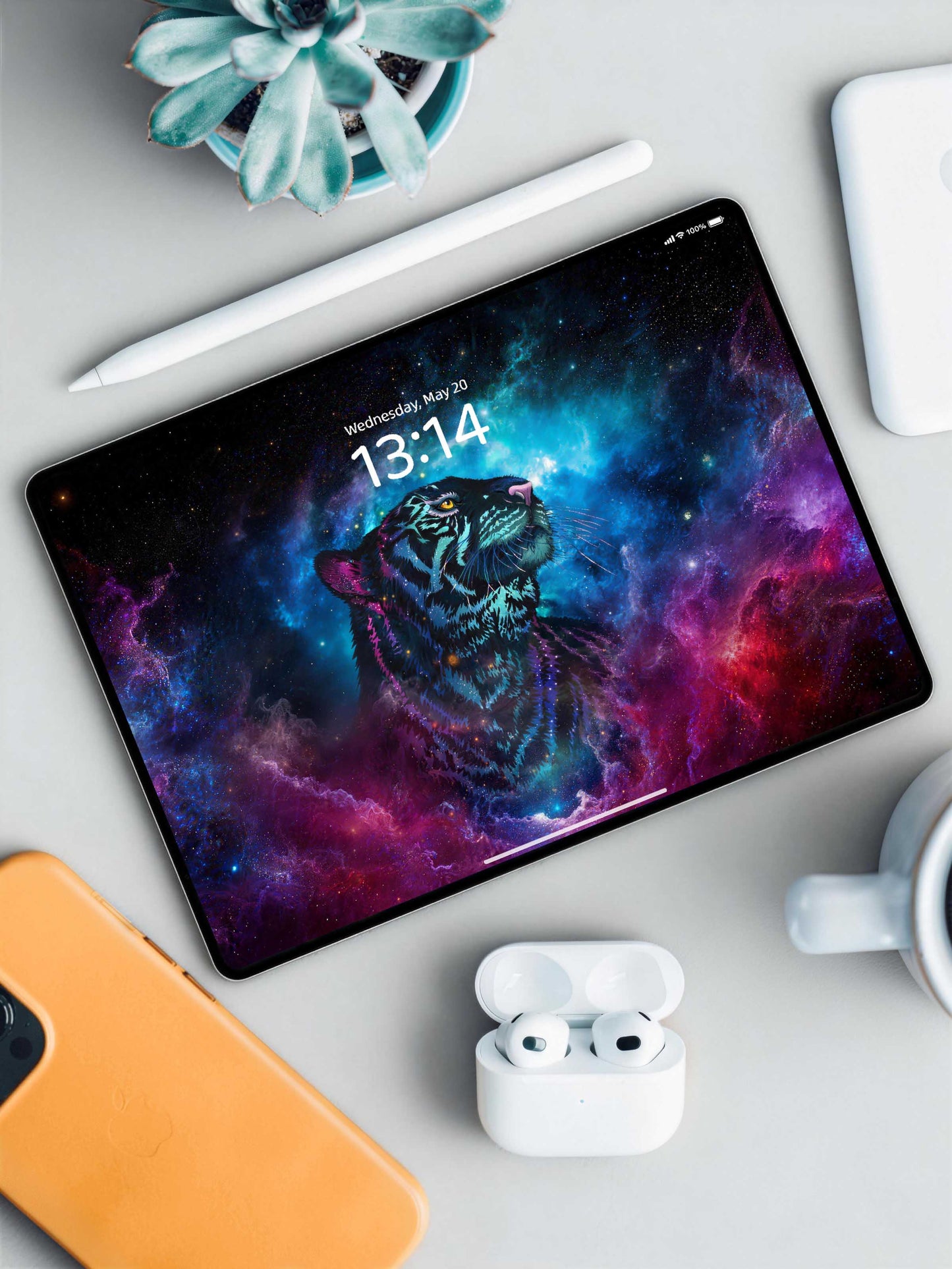 Blue Purple Galaxy Tiger Side Face Digital Wallpaper