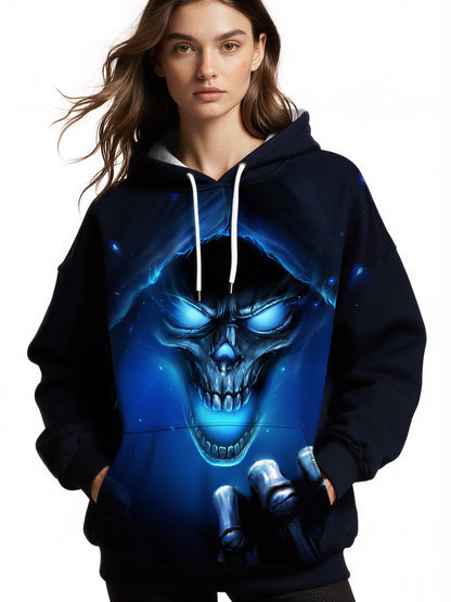 Men Women 3D All Over Print Skull Hoodie Glow Blue Ghostly Hooded Sweatshirt