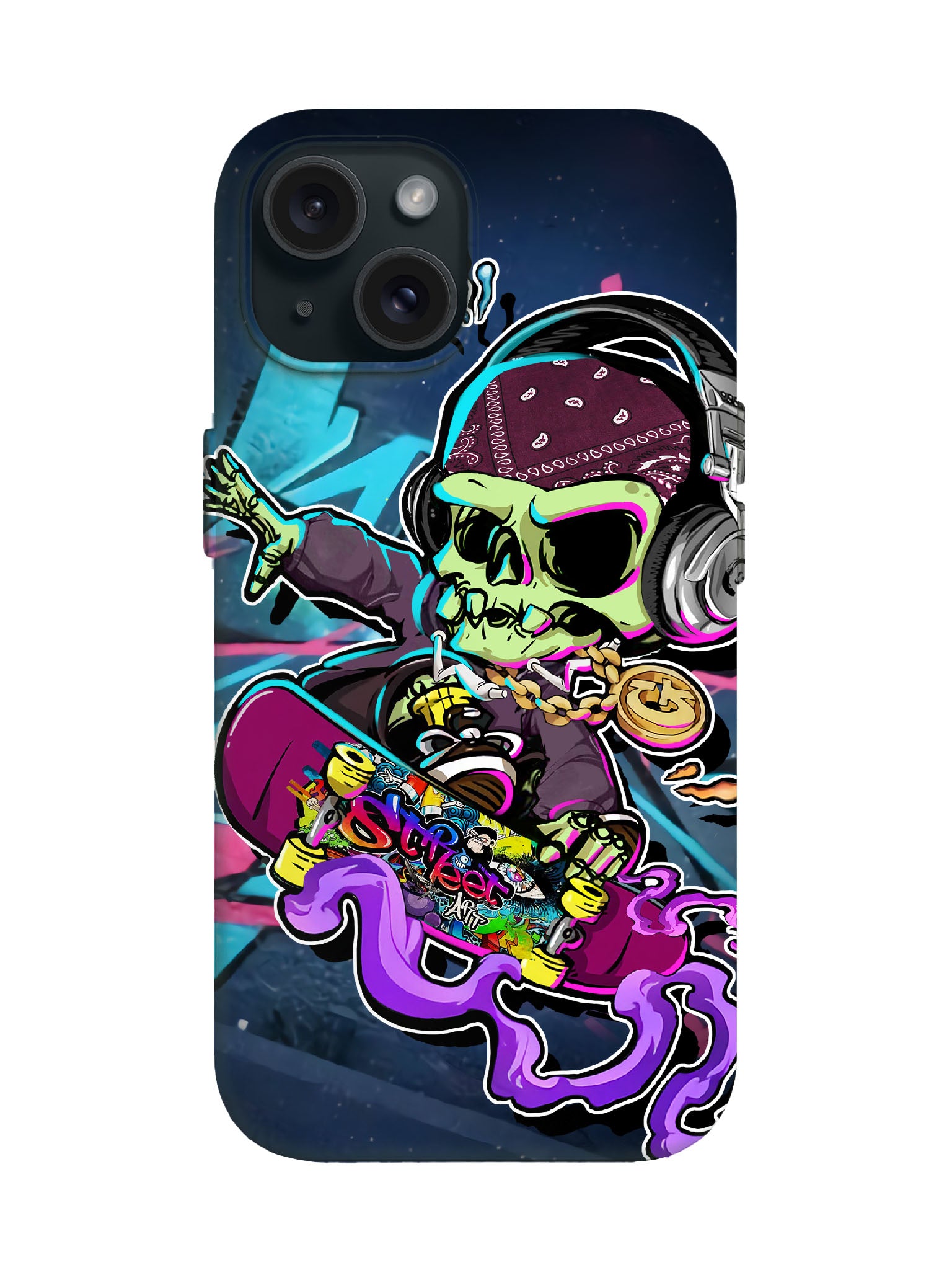 Skull with Headphones Edgy Cyberpunk Tough Phone Case
