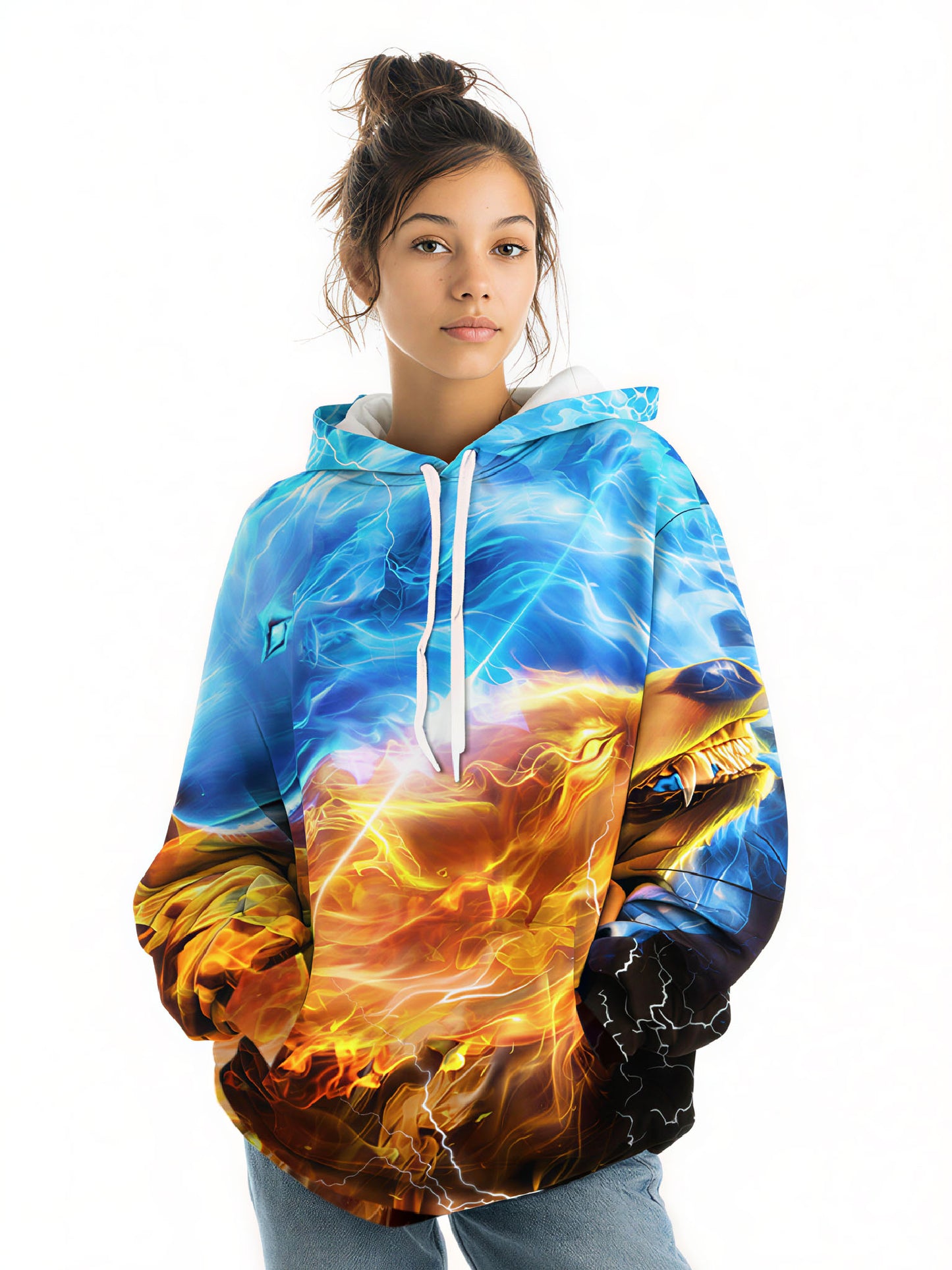 Unisex 3D All Over Print Hoodie Fire Ice Wolf Design Streetwear Pullover Soft Comfortable