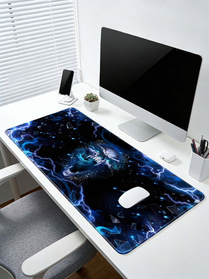 Blue Flame Skull Roaring With Shattered Glass & Lightning Desk Mat