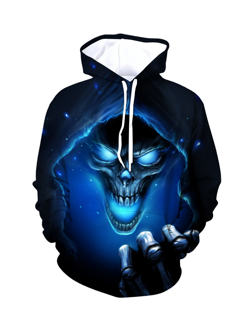 Men Women 3D All Over Print Skull Hoodie Glow Blue Ghostly Hooded Sweatshirt