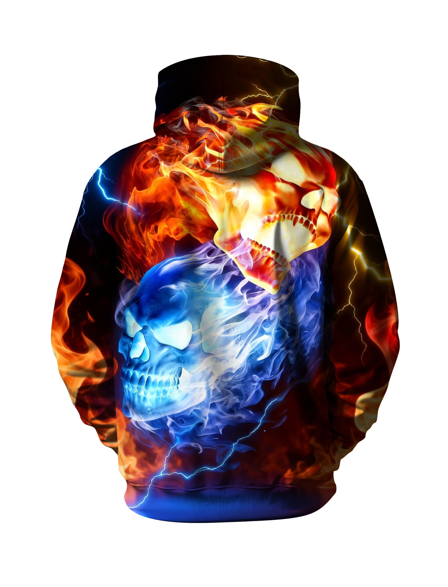 Fire & Ice Dual Skull 3D Print Hoodie | Lightning Graphic Pullover