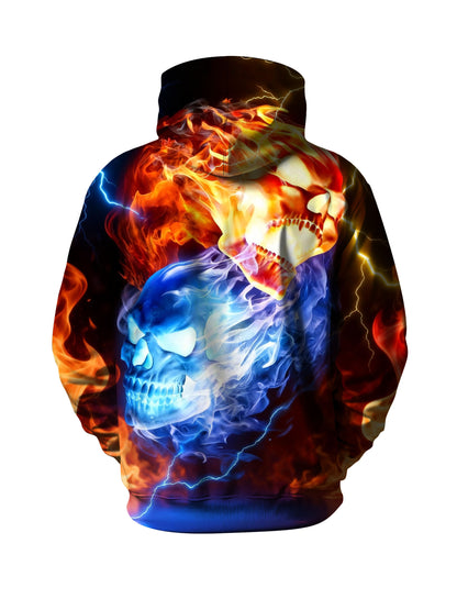 Fire & Ice Dual Skull 3D Print Hoodie | Lightning Graphic Pullover