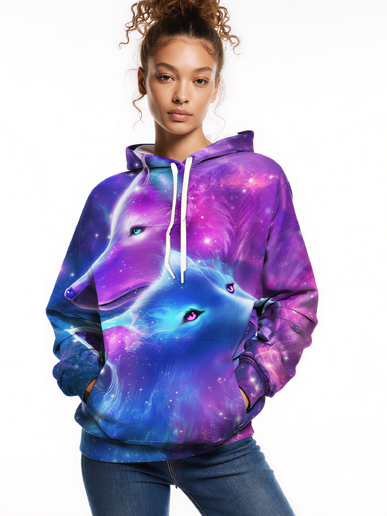 Galaxy Twin Wolves 3D Print Hoodie | Oversized Space Graphic Pullover