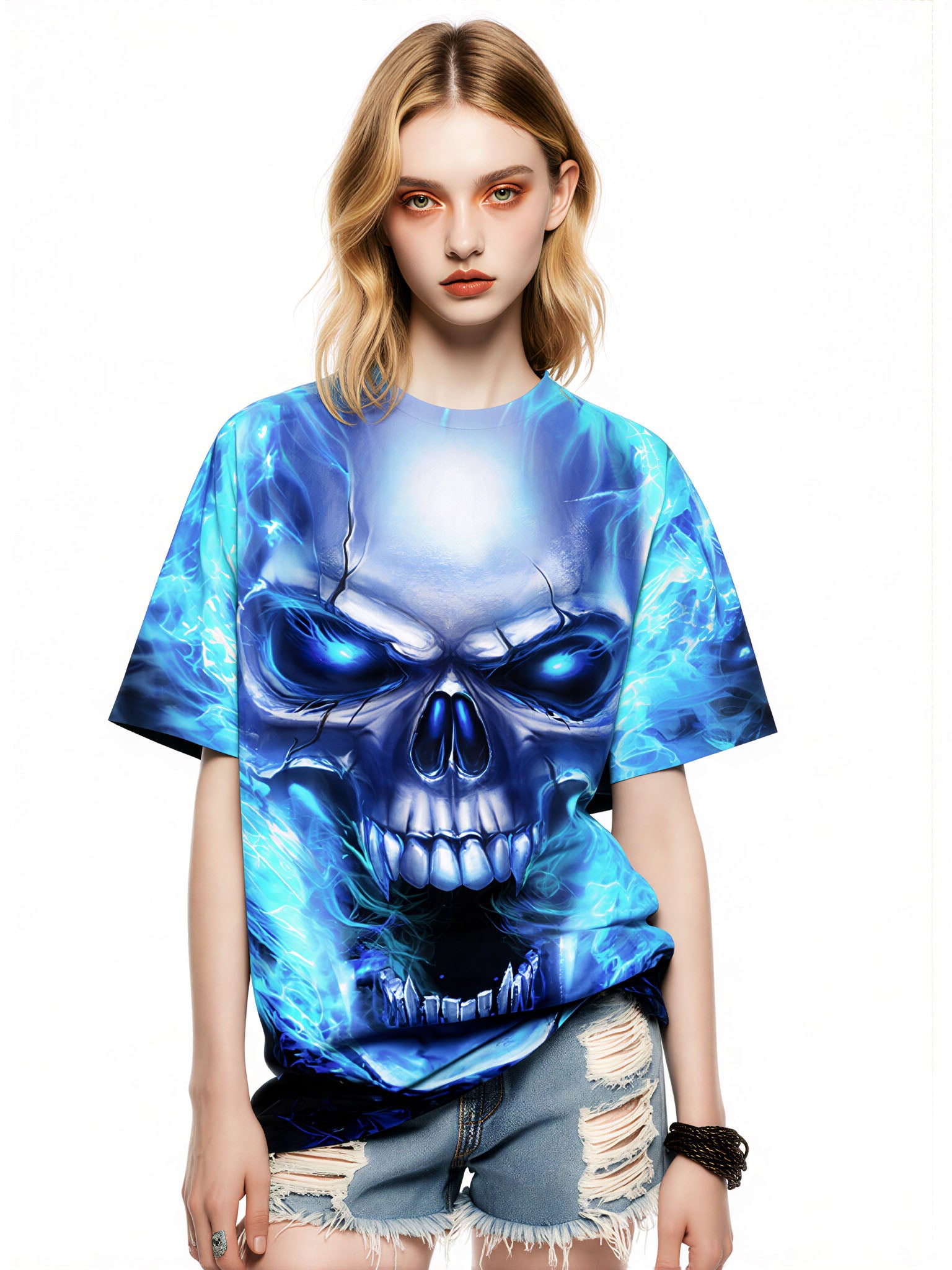 Blue Fire Skull 3D All Over Print T-Shirt for Men Women Streetwear Graphic Pullover