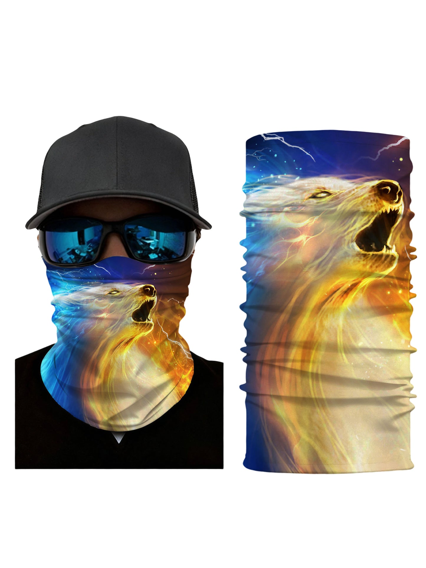 Cosmic Wolf 3D Print Face Gaiter – Electric Blue & Fire Orange Streetwear Style