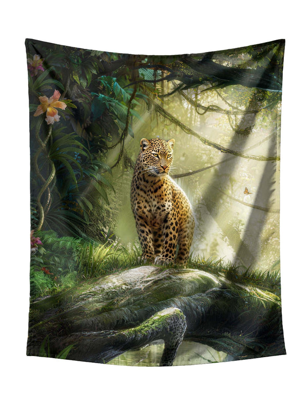 Leopard Standing On Mossy Log In Sunlit Jungle Tapestry - Serene Wildlife Wall Art with Butterflies and Flowers for Nature Home Decor