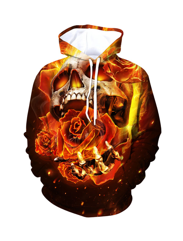 Flaming Skull Rose 3D All Over Print Hoodie Unisex Streetwear Cotton Blend