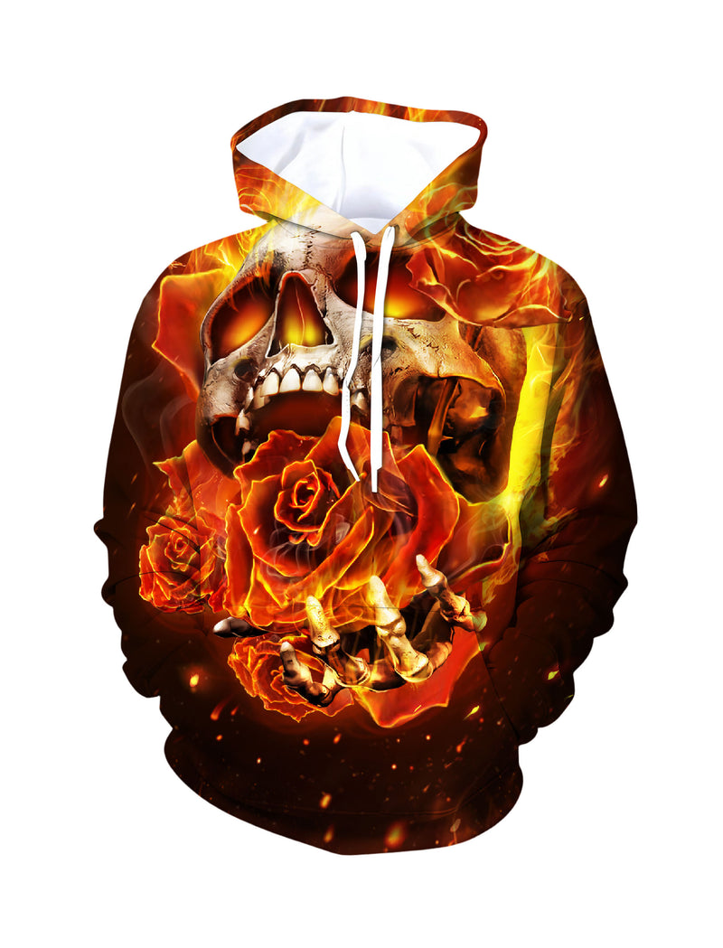 Flaming Skull Rose 3D All Over Print Hoodie Unisex Streetwear Cotton Blend