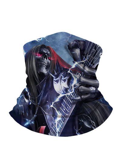 Balaclava with 3D all over print featuring electric skull guitarist, graffiti-inspired dark fantasy art, Streetwear style unisex face cover, breathable fabric, windproof and durable print