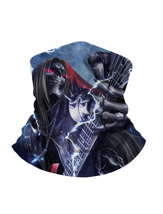 Balaclava with 3D all over print featuring electric skull guitarist, graffiti-inspired dark fantasy art, Streetwear style unisex face cover, breathable fabric, windproof and durable print