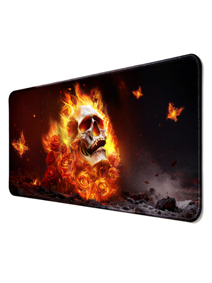Roaring Skull With Flaming Roses And Butterflies Extended Desk Mat