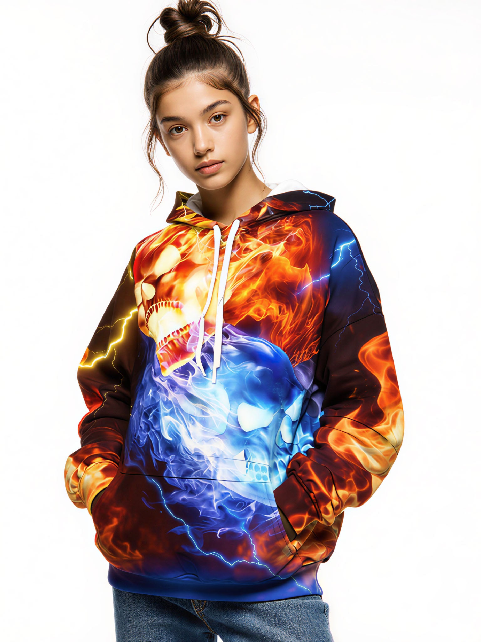 Fire & Ice Dual Skull 3D Print Hoodie | Lightning Graphic Pullover