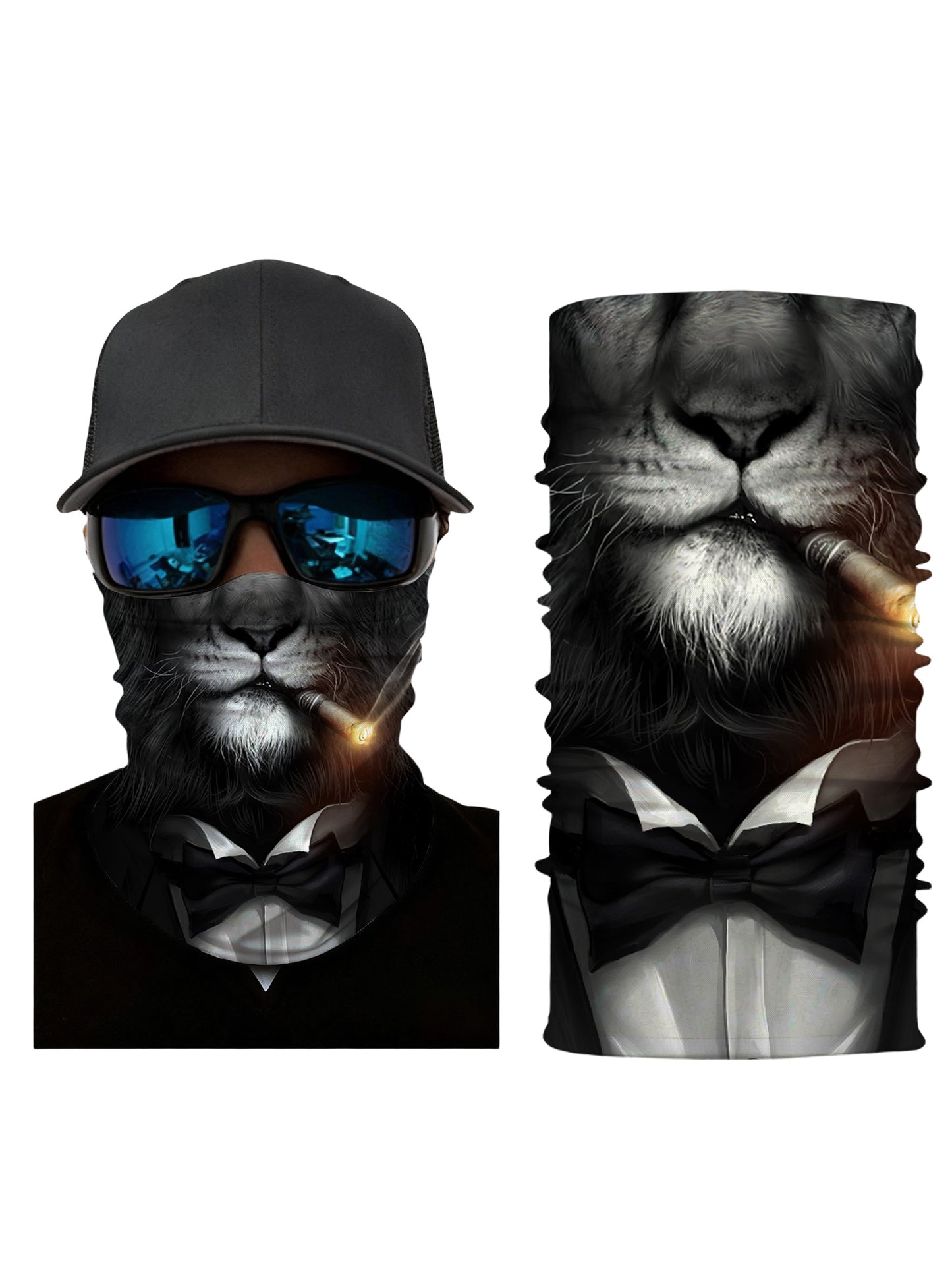 Unisex Balaclava with 3D all over print featuring a sophisticated lion in tuxedo and cigar, Streetwear aesthetic, soft stretchy fabric, windproof for outdoor use