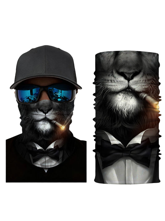 Unisex Balaclava with 3D all over print featuring a sophisticated lion in tuxedo and cigar, Streetwear aesthetic, soft stretchy fabric, windproof for outdoor use