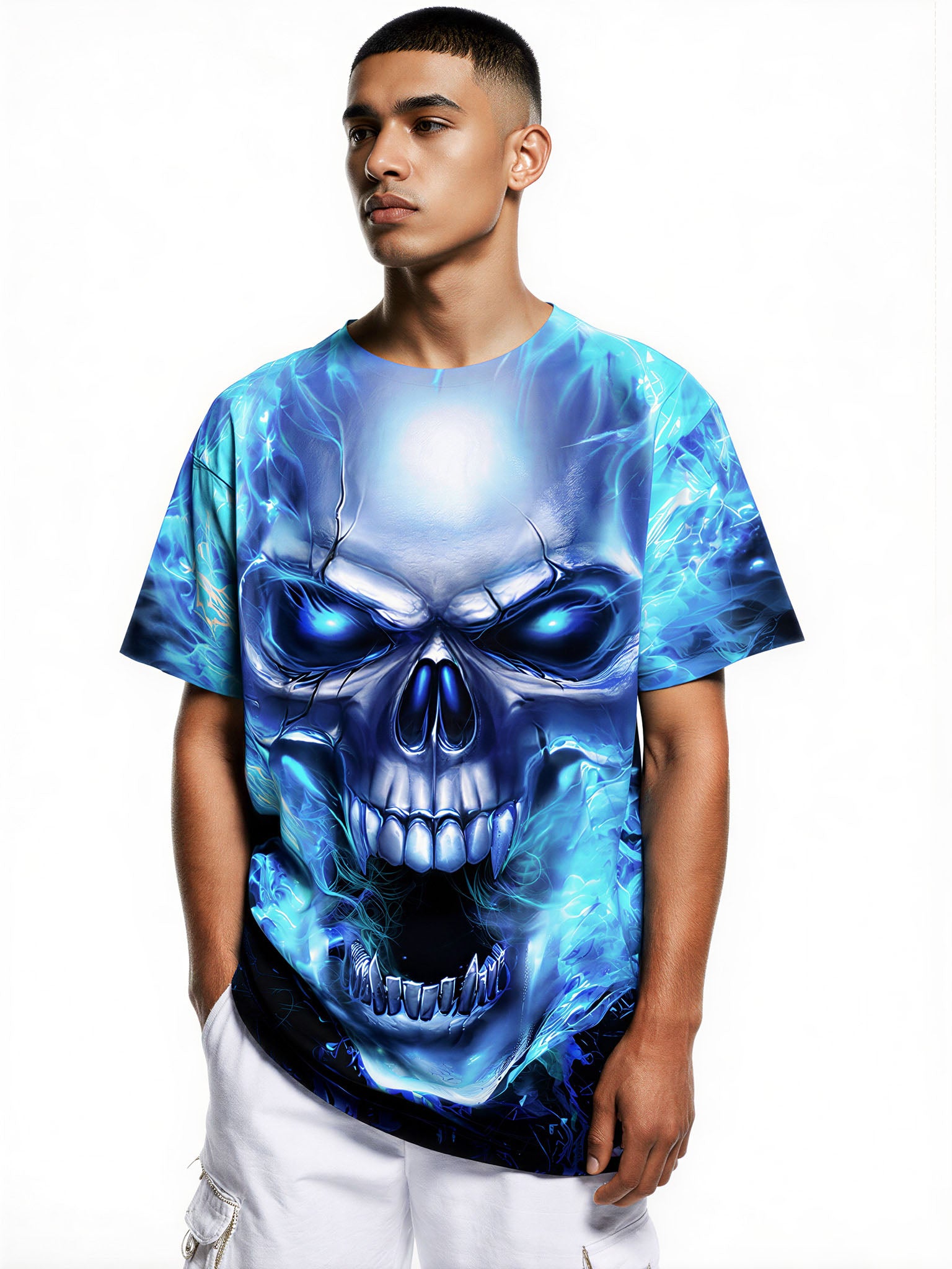 Blue Fire Skull 3D All Over Print T-Shirt for Men Women Streetwear Graphic Pullover