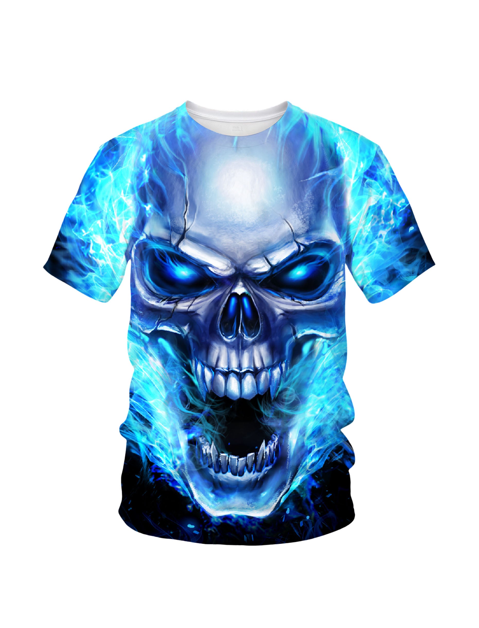 Blue Fire Skull 3D All Over Print T-Shirt for Men Women Streetwear Graphic Pullover