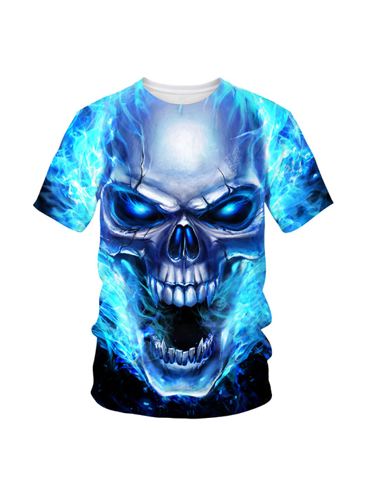 Blue Fire Skull 3D All Over Print T-Shirt for Men Women Streetwear Graphic Pullover