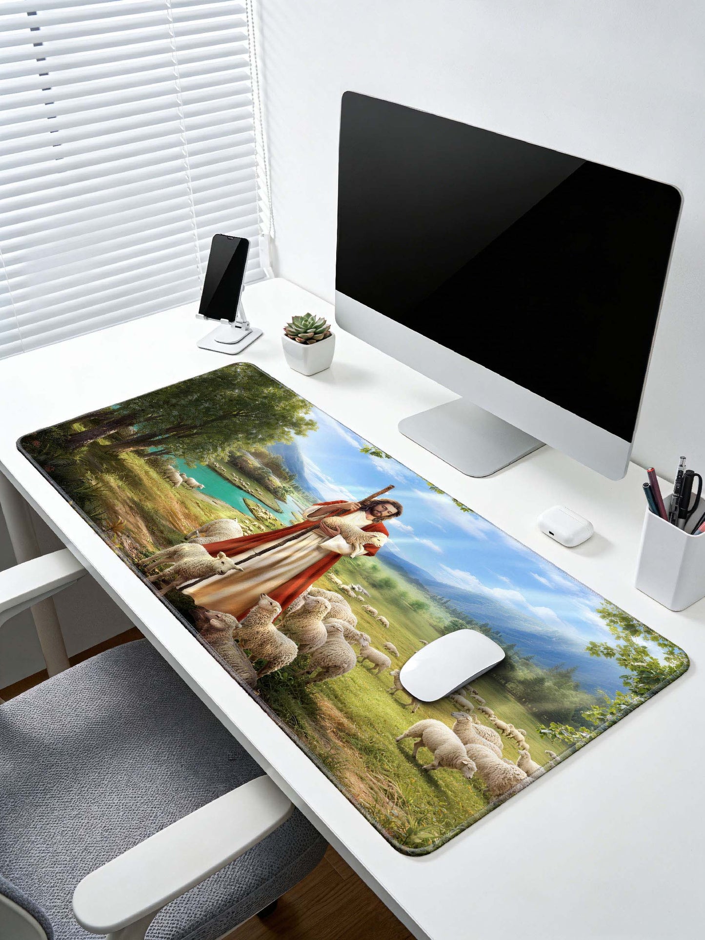 Jesus The Good Shepherd With Flock In Pastoral Landscape Desk Mat