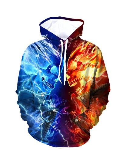 Hoodie 3D All Over Print Fire Ice Skull Streetwear Unisex Cotton Blend