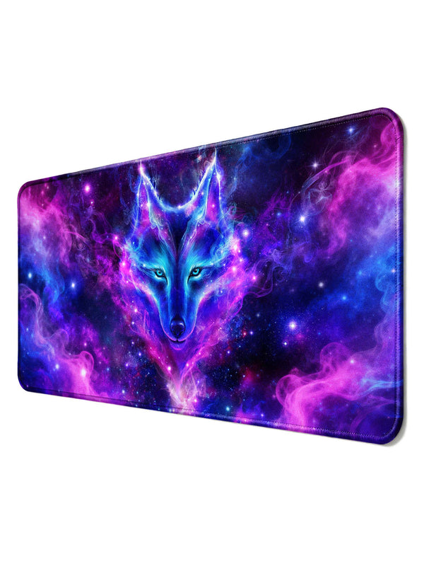 Front Facing Cosmic Wolf With Swirling Purple-Blue Nebula Desk Mat