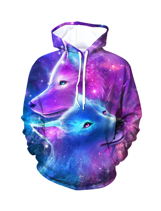 Galaxy Twin Wolves 3D Print Hoodie | Oversized Space Graphic Pullover