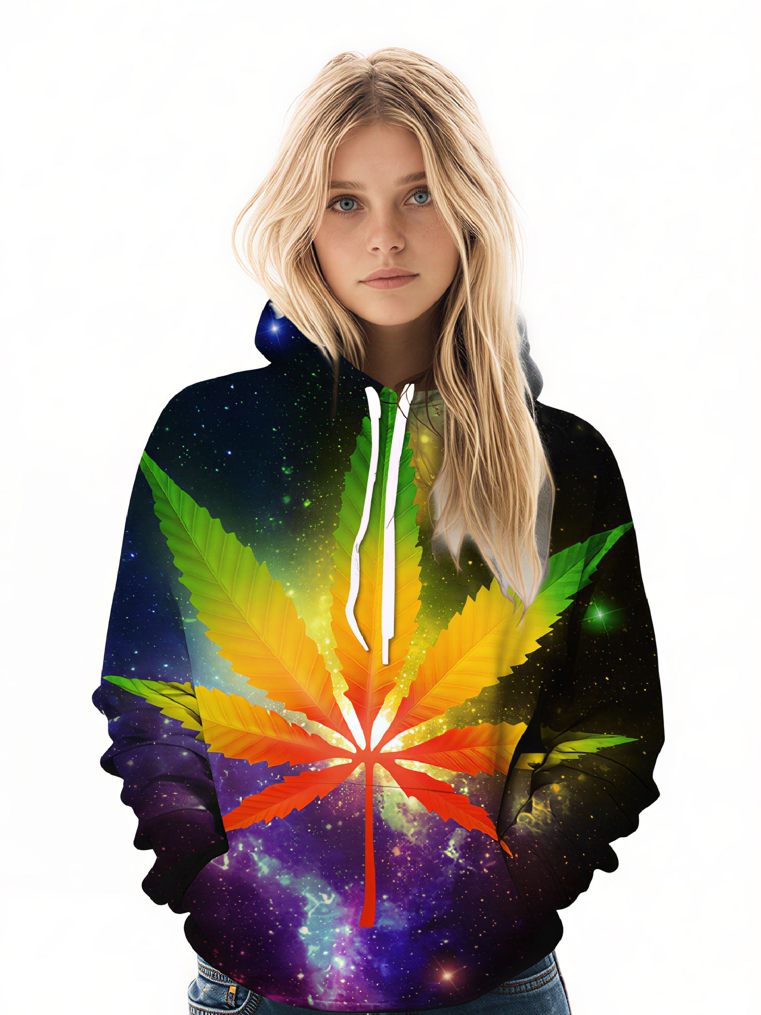 Cosmic Rainbow Cannabis Leaf 3D All-Over Print Unisex Pullover