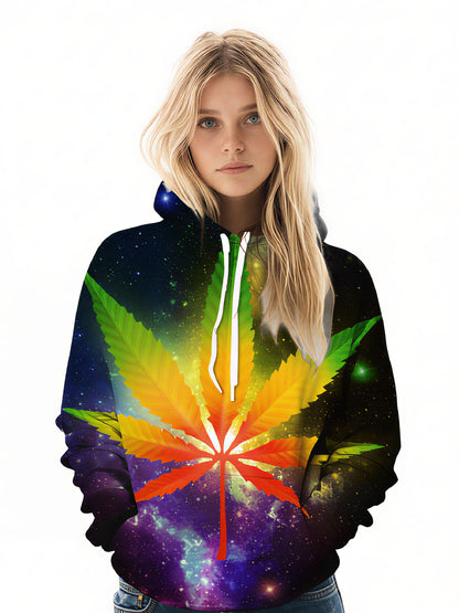 Cosmic Rainbow Cannabis Leaf 3D All-Over Print Unisex Pullover
