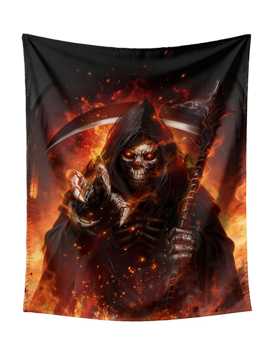 Grim Reaper With Red Eyes & Flaming Scythe Tapestry - Menacing Dark Art Wall Hanging for Gothic Home Decor