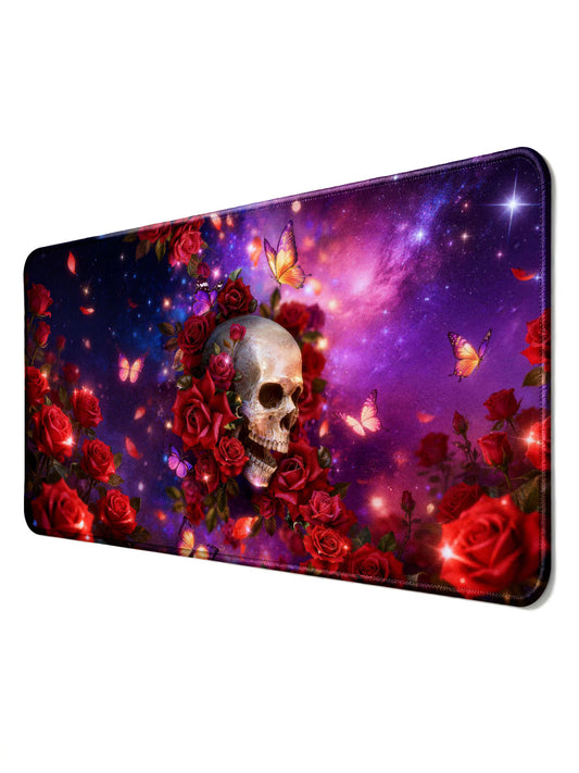 Skull Surrounded By Red Roses & Butterflies In Purple Galaxy Desk Mat