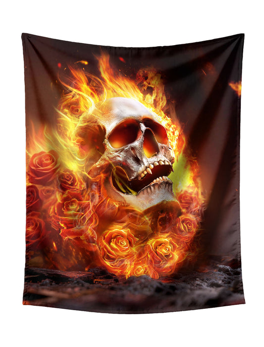 Screaming Skull With Flames & Roses Tapestry - Intense Dark Fantasy Wall Hanging for Bold Home Decor