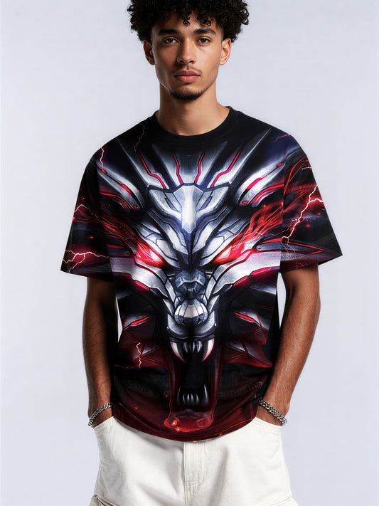 Men Women 3D All Over Print T-Shirt Metallic Wolf Cyberpunk Lightning Graphic Sweatshirt