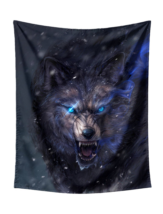 Fierce Wolf With Glowing Blue Eyes In Snowstorm Polyester Wall Hanging Tapestry - Mystical Fantasy Art for Bedroom Living Room Decor