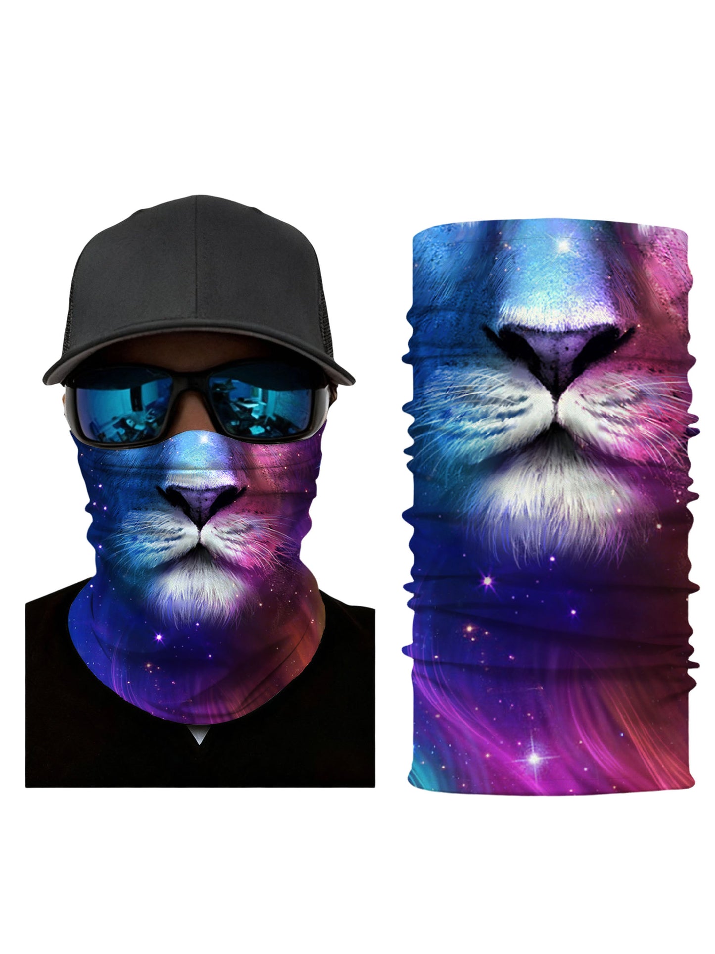 Neck Gaiter with 3D all over print galaxy nebula lion face, Aesthetic streetwear unisex tube face mask, soft stretchy breathable fabric for outdoor use