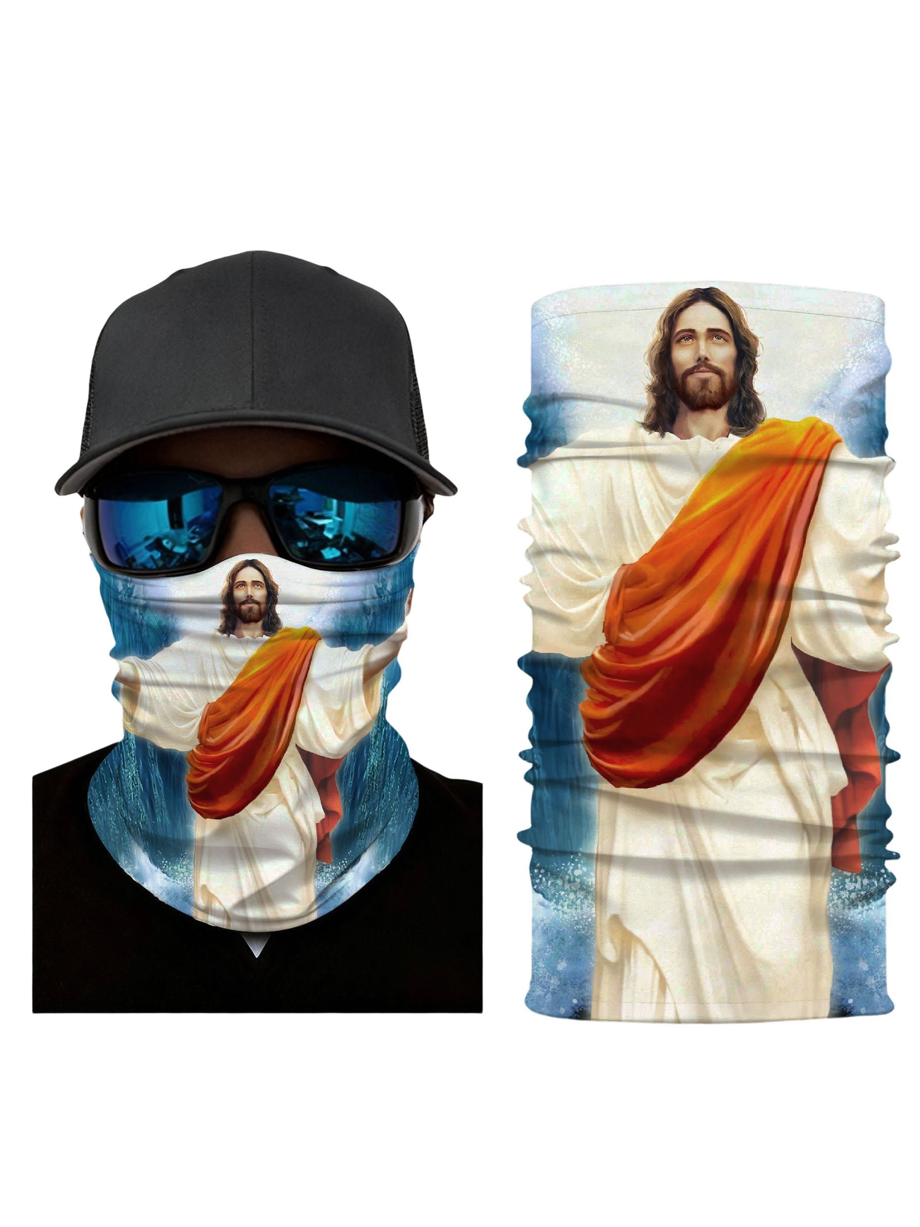 Neck Gaiter with 3D All Over Print Featuring Serene Jesus in Flowing Robe Amidst Ocean Waves, Aesthetic Vintage Religious Art Design, Unisex Soft Stretchy Breathable Fabric for Daily Wear