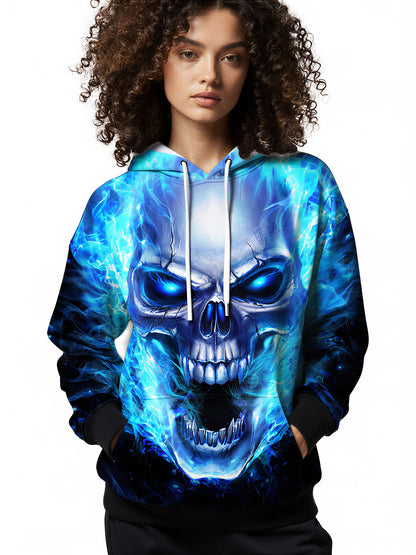 3D All Over Print Blue Fire Skull Hoodie for Men Women Streetwear Graphic Pullover